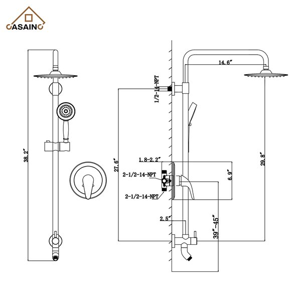 Casainc Matte Black 3Spray Patterns Builtin Shower System CS1913MB1