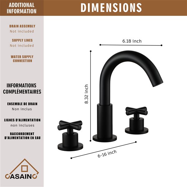 Casainc Matte Black Finish 8.32-in 2-Handle Widespread Watersense Labelled Bathroom Sink Faucet