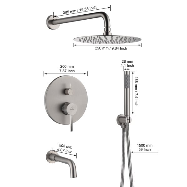 Casainc Brushed Nickel 3-Function Wall Mounted Built-in Shower System