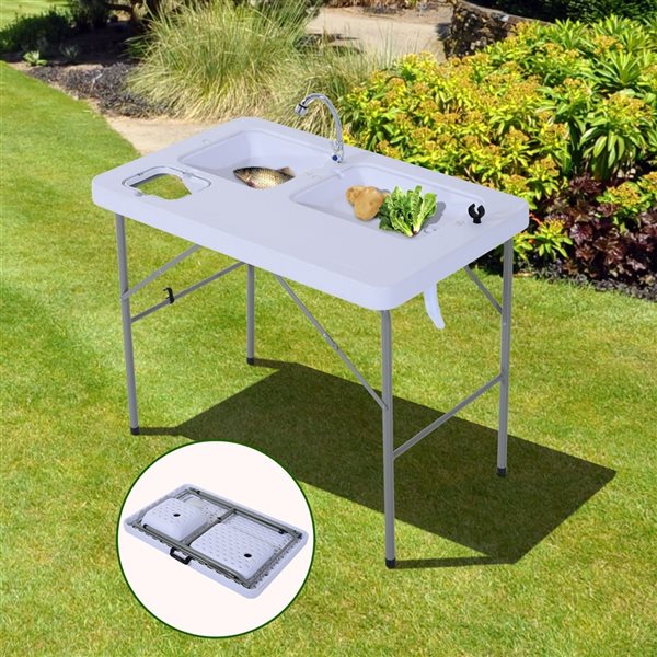 Outsunny 26-in x 39.8-in Outdoor Rectangle Plastic White Folding Table with Sink