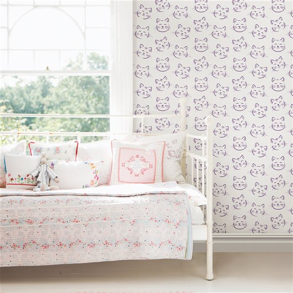 Brewster Non-woven Unpasted Purr Purple Cat Wallpaper