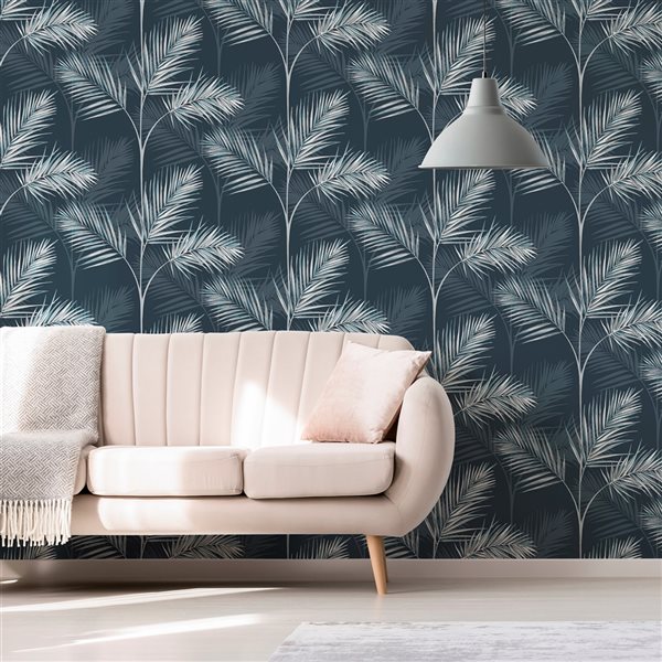 Fine Decor Paper Unpasted South Beach Navy Fronds Wallpaper