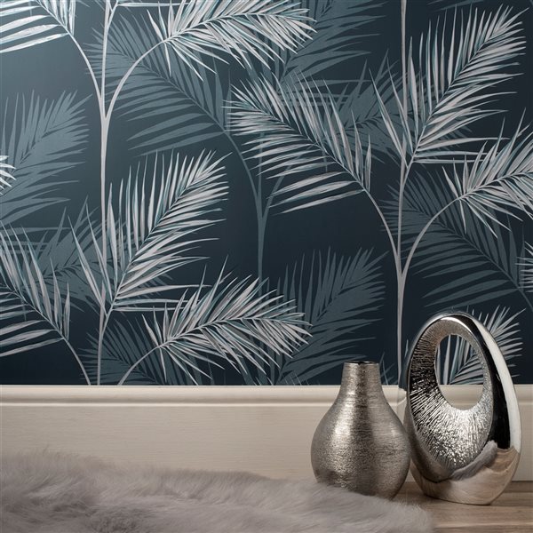 Fine Decor Paper Unpasted South Beach Navy Fronds Wallpaper