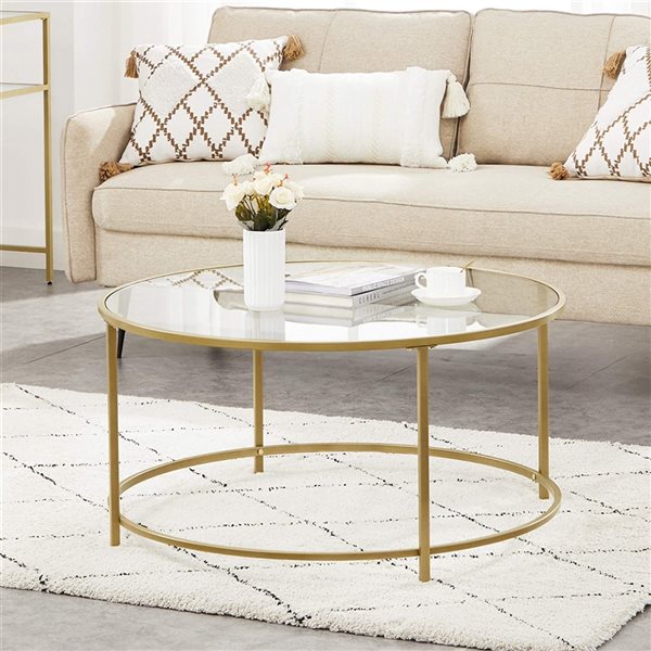 VASAGLE Round Coffee Table with Gold Steel Frame and Tempered Glass Base