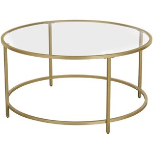 VASAGLE Round Coffee Table with Gold Steel Frame and Tempered Glass Base