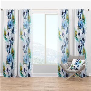 Designart Hand-Painted Anemones and Peacock Feathers 63-in Blue and White Polyester Semi-Sheer Single Curtain Panel