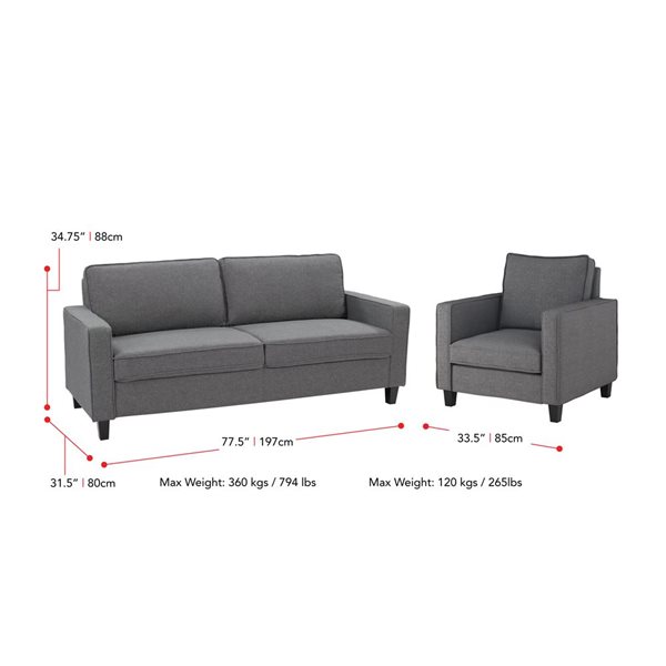 CorLiving Georgia Grey Linen-Like Three Seater Sofa and Chair Set - 2 Piece