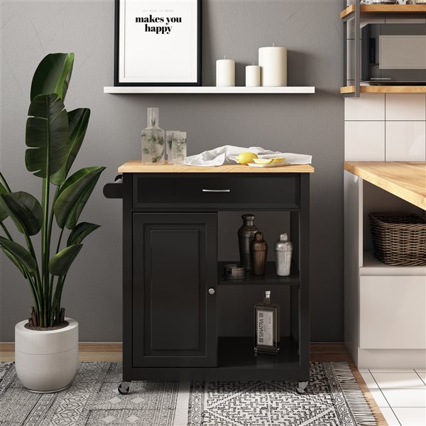 CorLiving Sage Black Wood Base with Rubberwood Wood Top Kitchen Cart (18-in x 32-in x 35-in)