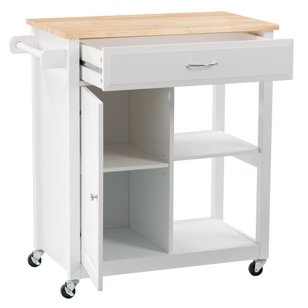 Chariot de cuisine Sage par CorLiving de 18 po x 32 po x 35 po avec base en bois blanc et dessus en bois d'hévéa