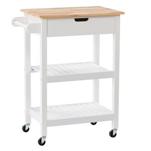 CorLiving Sage White Wood Base with Rubberwood Wood Top Kitchen Cart (16-in x 26-in x 33-in)