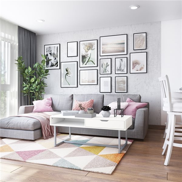 CorLiving Modern Single Drawer Coffee Table with Metal Legs - 47.25-in - White