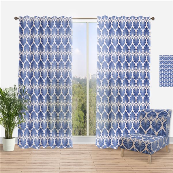 Designart 84in x 52in Retro Blue Waves MidCentury Modern Curtain
