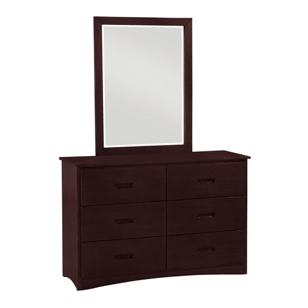 Commode double brun foncé à 6 tiroirs Rowe par HomeTrend en bois d'hévéa, miroir inclus