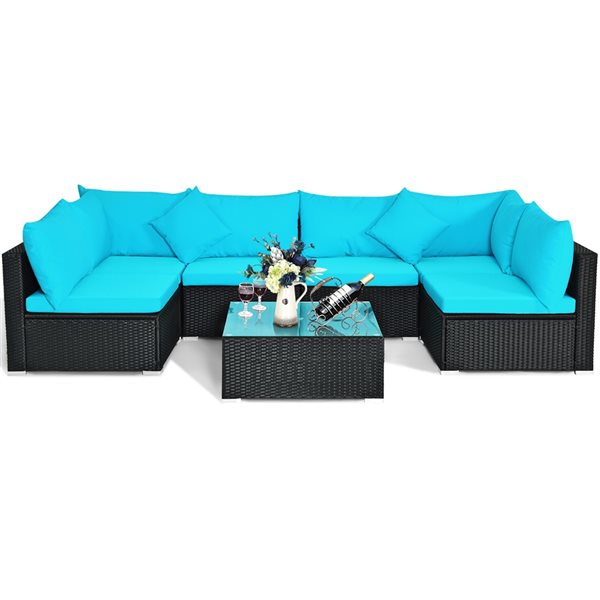 Costway Rattan and Metal Frame Patio Conversation Set and Turquoise Cushions - 7-Piece
