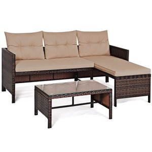 Costway Rattan and Metal Frame Patio Conversation Set with Brown Cushions - 3-Piece
