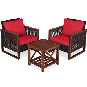 Costway Rattan and Wood Frame Patio Conversation Set with Red Cushions - 3-Piece