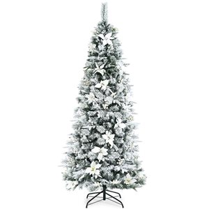 Costway 7-ft Snow-Flocked Artificial Christmas Tree with Berries and Poinsettia Flowers