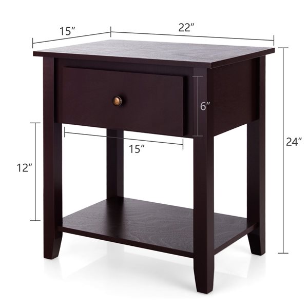 Costway 15-in x 24-in x 22-in Espresso Wood Modern Nightstand HW66561CF