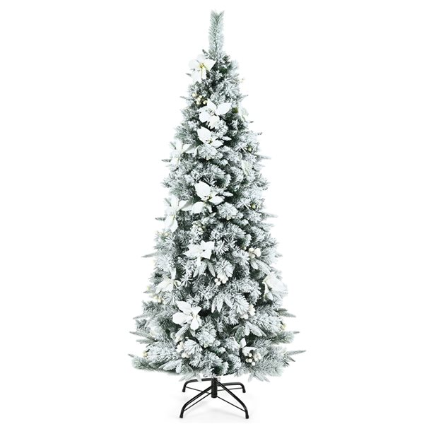 Costway 6-ft Snow-Flocked Artificial Christmas Tree with Berries and Poinsettia Flowers