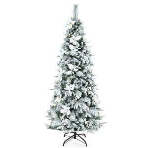 Costway 6-ft Snow-Flocked Artificial Christmas Tree with Berries and Poinsettia Flowers