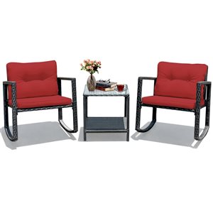 Costway Rattan and Metal Frame Patio Conversation Set with Red Cushions - 3-Piece