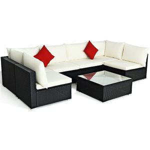 Costway Rattan and Metal Frame Patio Conversation Set with Off-White Cushions - 7-Piece