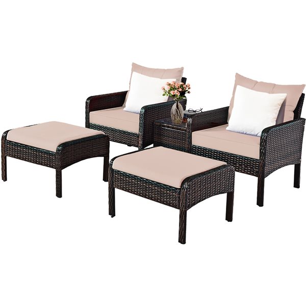 Costway Rattan and Metal Frame Patio Conversation Set with Tan Cushions - 5-Piece