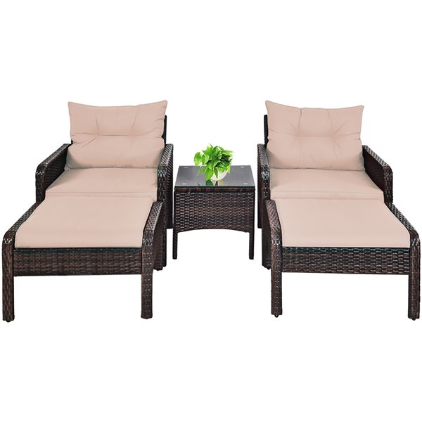 Costway Rattan and Metal Frame Patio Conversation Set with Tan Cushions - 5-Piece