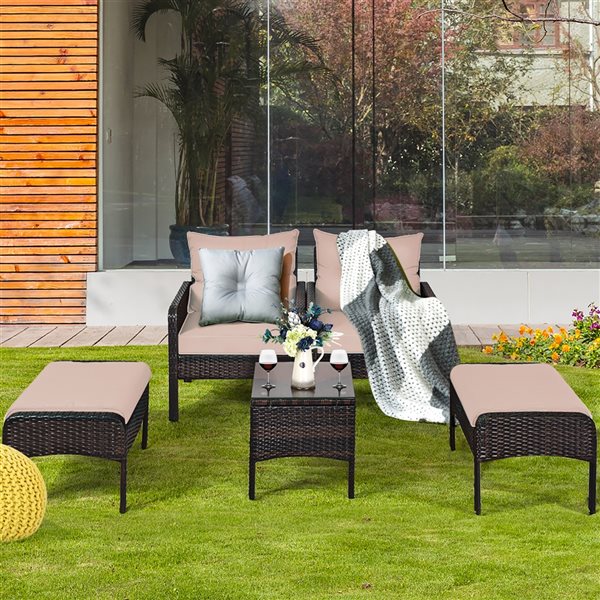 Costway Rattan and Metal Frame Patio Conversation Set with Tan Cushions - 5-Piece