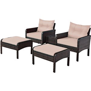 Costway Rattan and Metal Frame Patio Conversation Set with Tan Cushions - 5-Piece