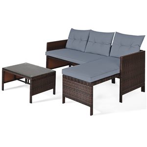 Costway 3-Piece Rattan and Metal Frame Patio Conversation Set with Grey Cushions