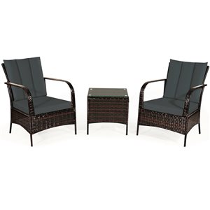 Costway Rattan and Metal Frame Patio Conversation Set with Grey Cushions - 3-Piece