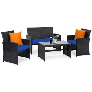 Costway Rattan and Metal Frame Patio Conversation Set with Navy Blue Cushions - 4-Piece