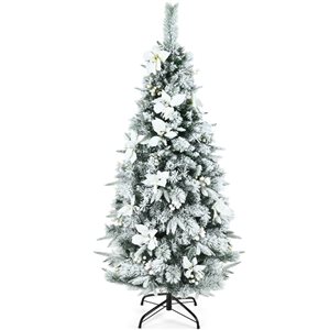 Costway 5-ft Snow-Flocked Artificial Christmas Tree with Berries and Poinsettia Flowers