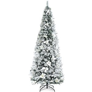 Costway 8-ft Snow-Flocked Artificial Christmas Tree with Berries and Poinsettia Flowers