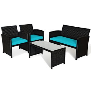 Costway Rattan and Metal Frame Patio Conversation Set with Turquoise Cushions - 4-Piece