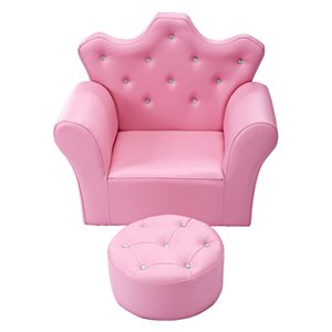 CASAINC 19-in Pink Princess Upholstered Kids Accent Chair with Ottoman and Diamond Decoration