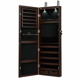 CASAINC 14.5-in W Brown Wood Composite Wall Mount Mirrored Jewelry Cabinet with LED Lights