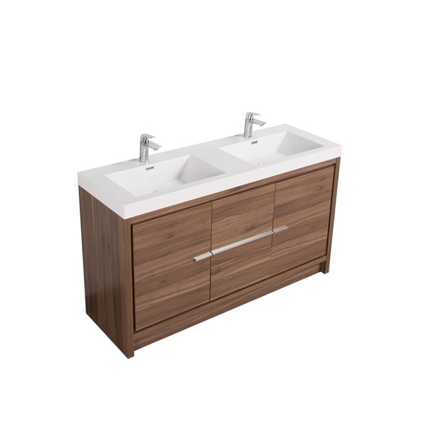 GEF Ember 60-in Walnut Double-Sink Bathroom Vanity with White Acrylic Countertop