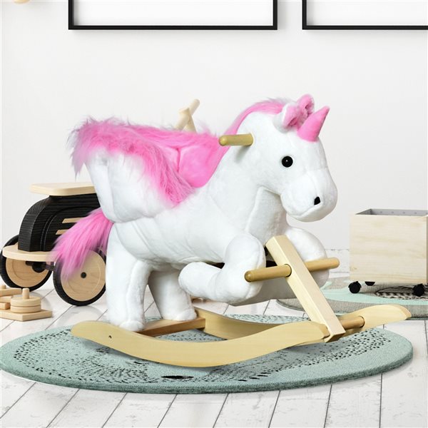 Qaba White and Pink Plush Rocking Unicorn Riding Toy