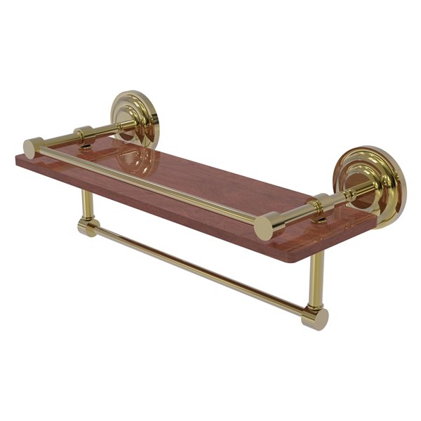 Allied Brass Que New Unlacquered Brass Wall Mount Wood Bathroom Shelf with Gallery Rail and Towel Bar