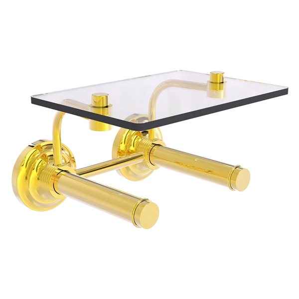 Allied Brass Que New Polished Brass Wall Mount 2-Roll Toilet Paper Holder with Glass Shelf