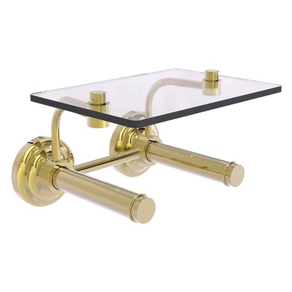Allied Brass Que New Unlacquered Brass Wall Mount 2-Roll Toilet Paper Holder with Glass Shelf