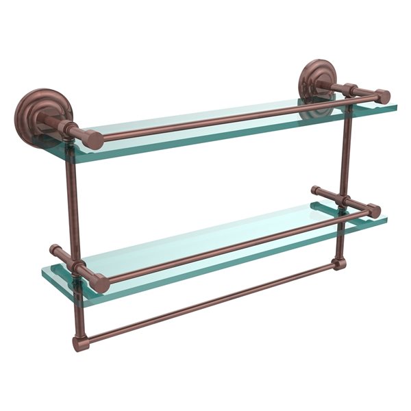 Allied Brass Que New Antique Copper Wall Mount 2-Tier Glass Bathroom Shelf with Towel Bar