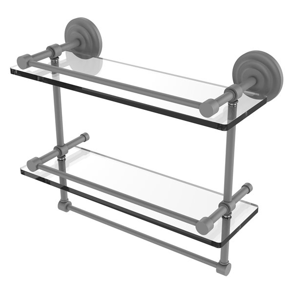 Allied Brass Que New Matte Grey 2-Tier Wall Mount Glass Bathroom Shelf with Towel Bar
