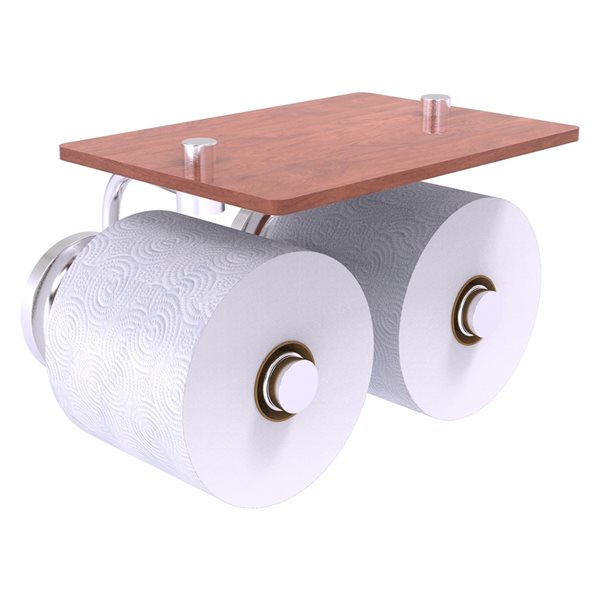 Allied Brass Que New Satin Chrome Wall Mount 2-Roll Toilet Paper Holder with Wood Shelf