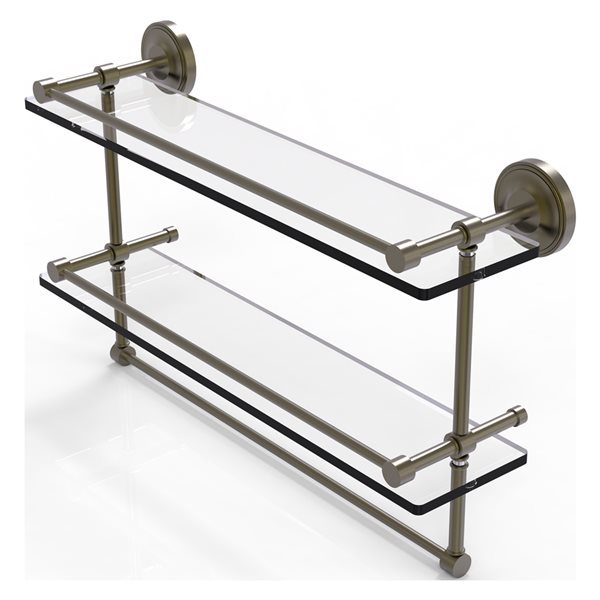 Allied Brass Prestige Regal Antique Brass Wall Mount 2-Tier Glass Bathroom Shelf with Towel Bar