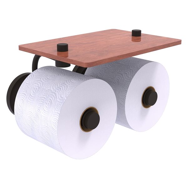 Allied Brass Que New Oil-Rubbed Bronze Wall Mount 2-Roll Toilet Paper Holder with Wood Shelf