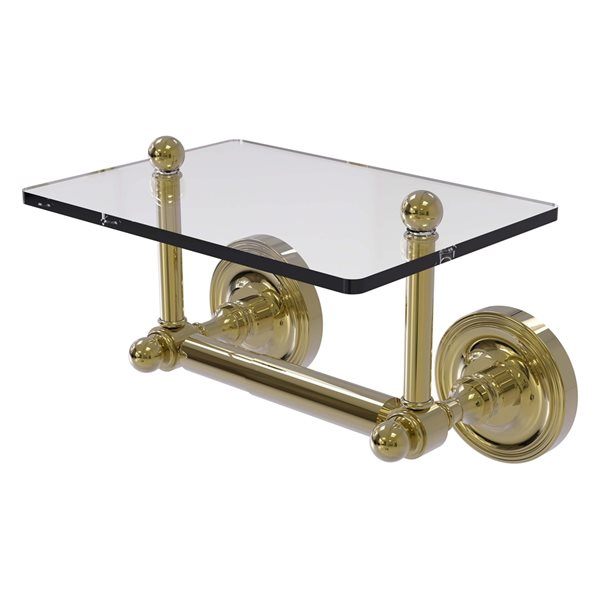 Allied Brass Prestige Regal Unlacquered Brass Wall Mount Double Post Toilet Paper Holder with Glass Shelf