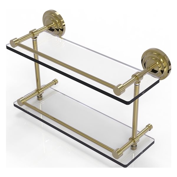 Allied Brass Que New Unlacquered Brass 2-Tier Wall Mount Glass Bathroom Shelf with Gallery Rail